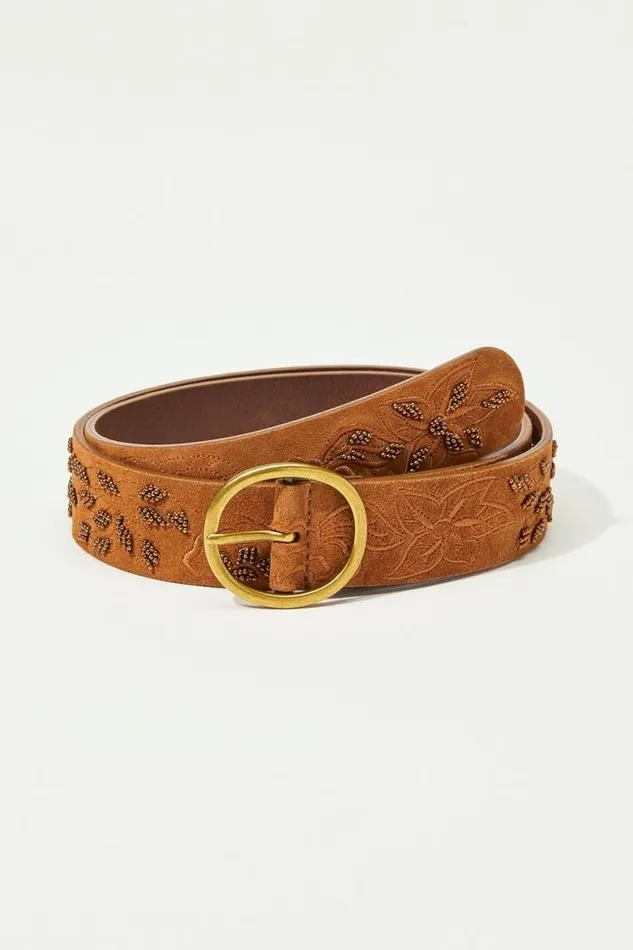 Women Lucky Brand Belts Floral Beaded Belt Medium Brown