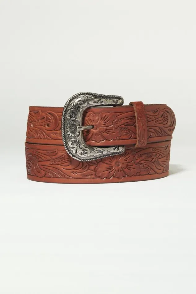 Women Lucky Brand Belts Floral Pattern Embossed W Medium Brown