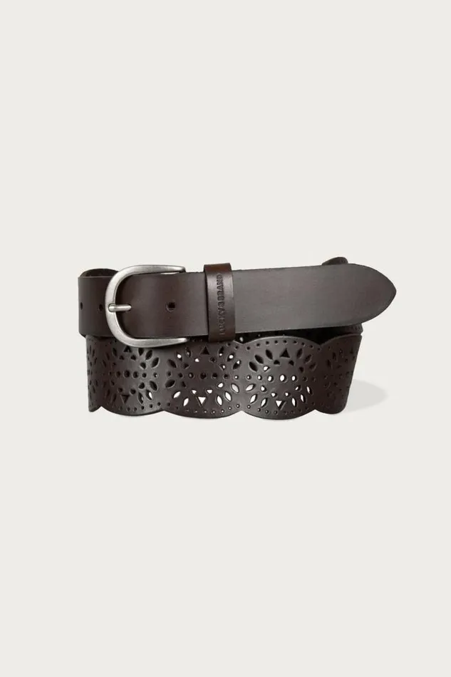 Women Lucky Brand Belts Tapered Perforated Leather Belt Dark Brown