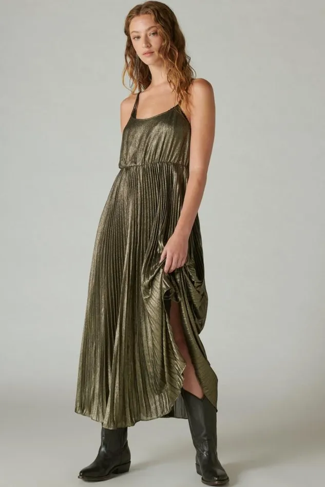 Women Lucky Brand Dresses Pleated Party Midi Dress Gold