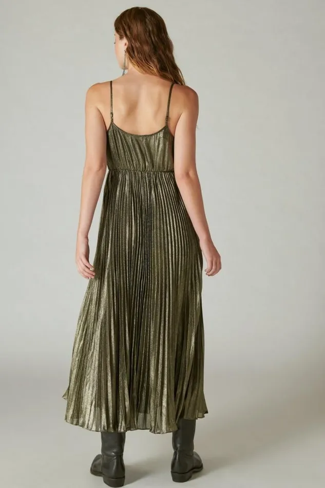 Women Lucky Brand Dresses Pleated Party Midi Dress Gold