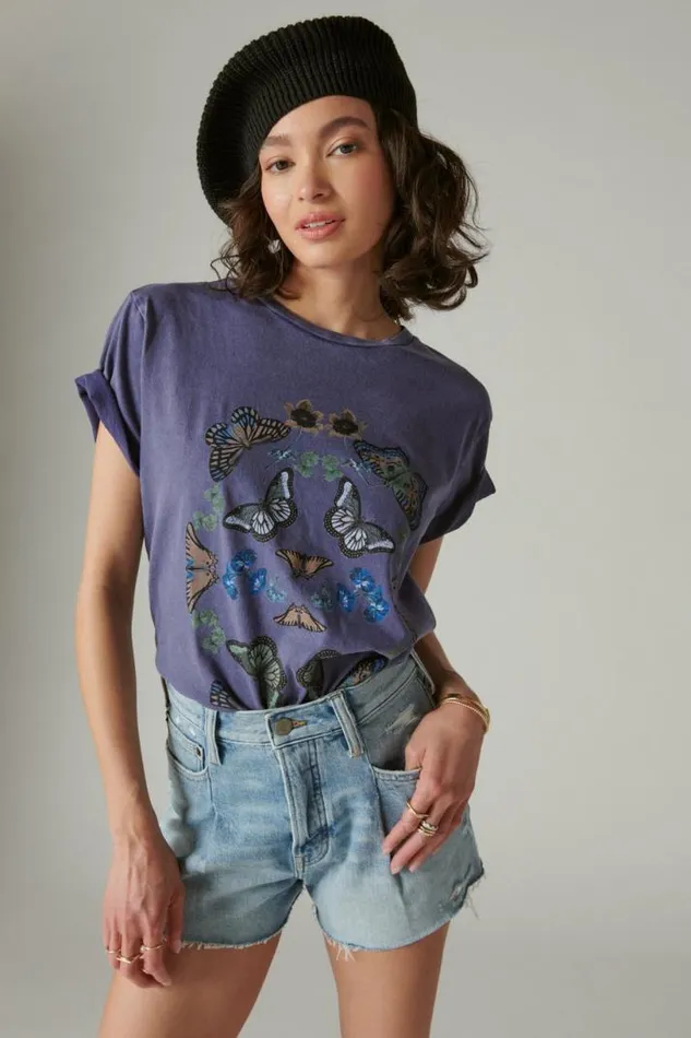 Women Lucky Brand Graphic Tees Butterflies Boyfriend Tee Blue Ribbon