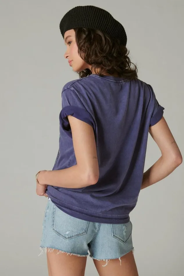 Women Lucky Brand Graphic Tees Butterflies Boyfriend Tee Blue Ribbon