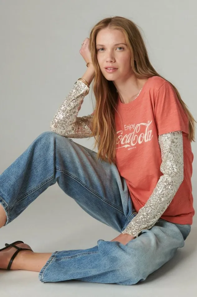 Women Lucky Brand Graphic Tees Coca Cola Flock Classic Crew Cardinal