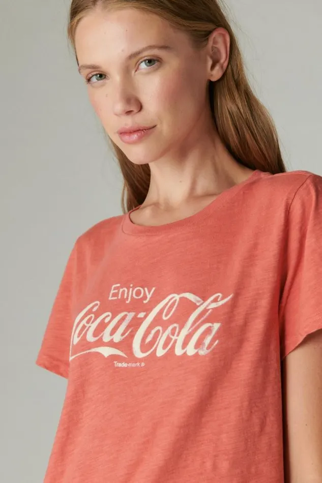 Women Lucky Brand Graphic Tees Coca Cola Flock Classic Crew Cardinal