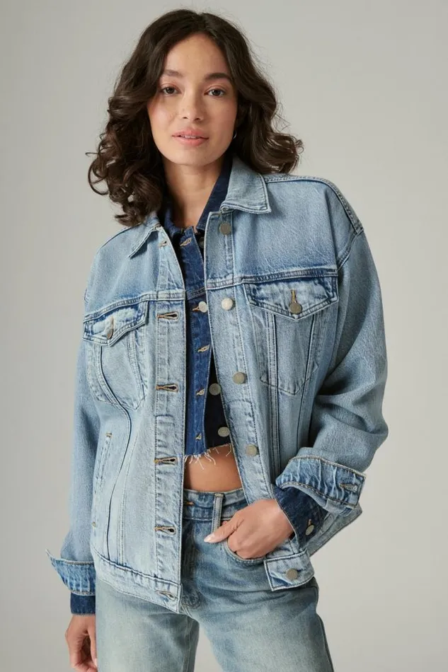 Women Lucky Brand Jackets and Outerwear Relaxed Denim Trucker Jacket Ripple