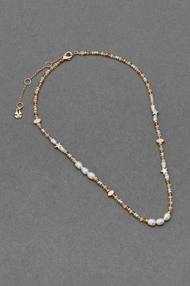 Women Lucky Brand Jewelry Pink Bead Collar Necklace Two Tone