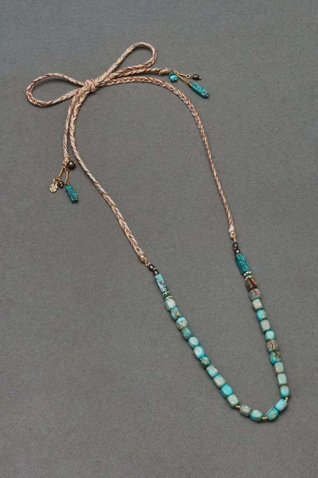 Women Lucky Brand Jewelry Turquoise Stone Threaded Tie Choker Necklace Gold