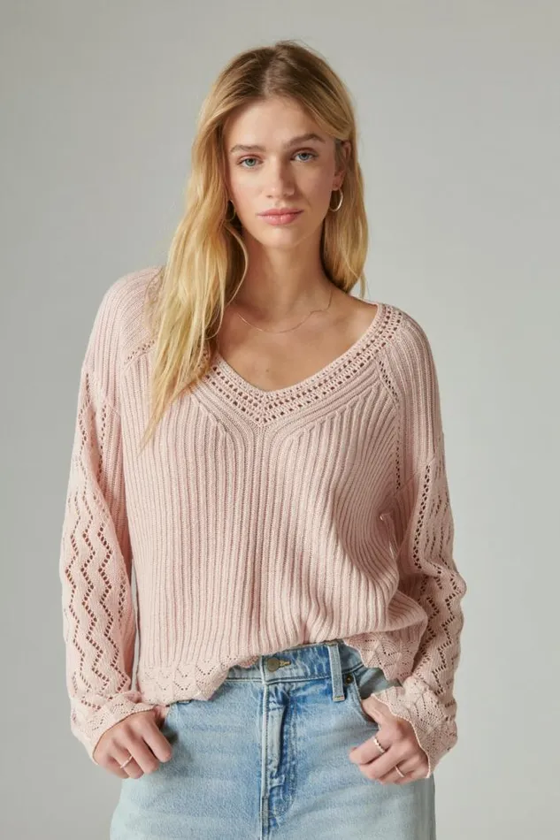 Women Lucky Brand Sweaters and Sweatshirts Femme V Neck Pullover Sweater Sepia Rose