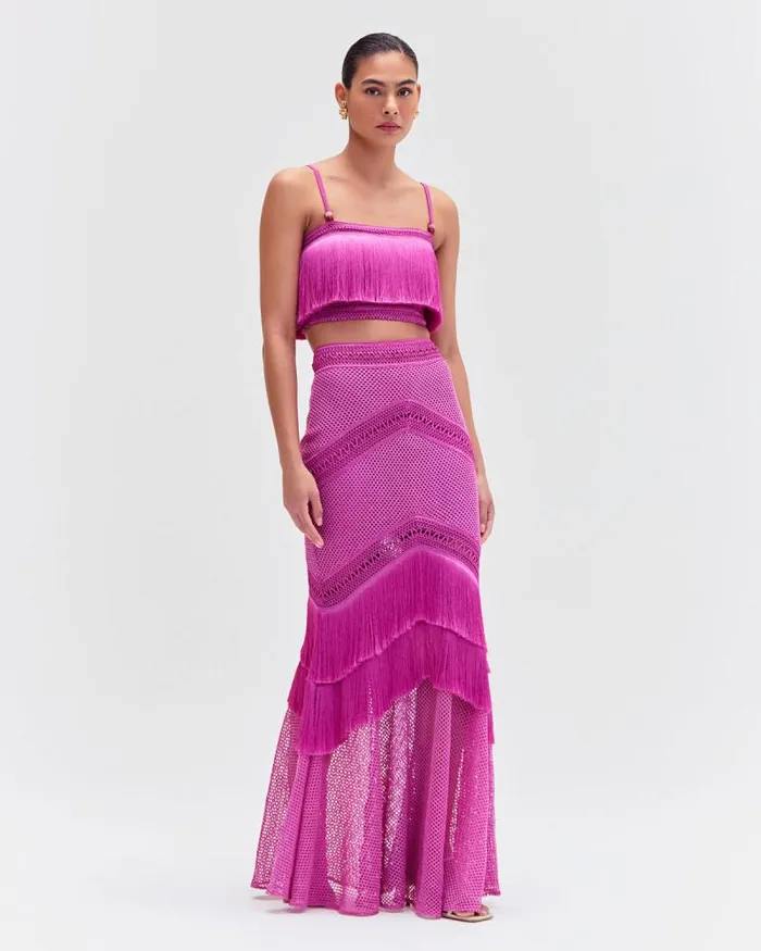 Women Matching Sets PatBO Fringe Maxi Skirt Cerise