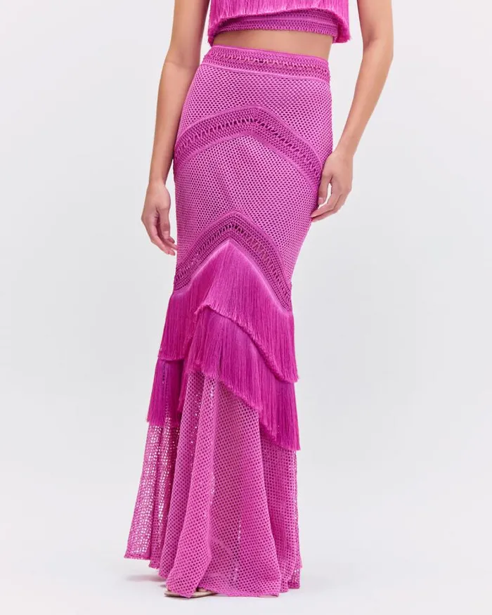 Women Matching Sets PatBO Fringe Maxi Skirt Cerise