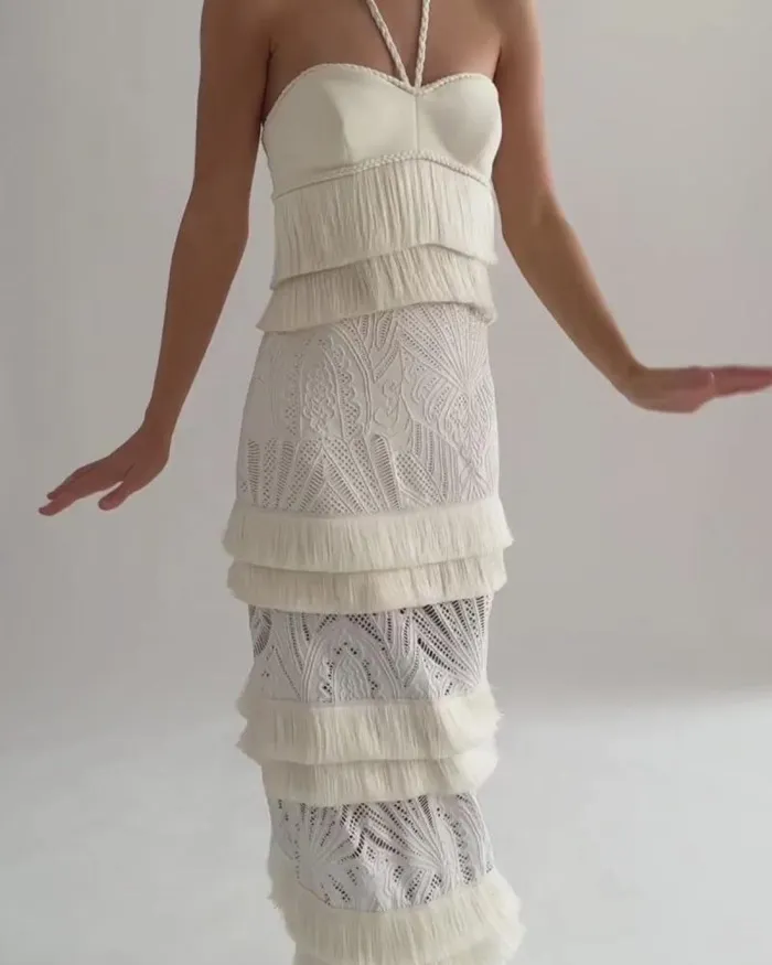 Women Matching Sets PatBO Fringe Trim Lace Maxi Skirt Ivory