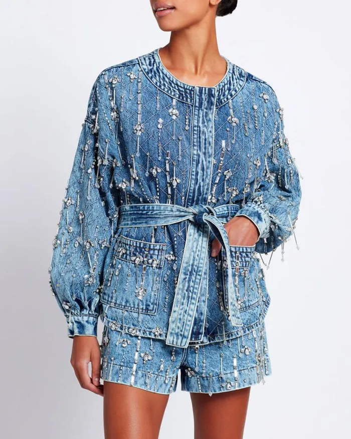 Women Matching Sets PatBO Rhinestone Beaded Jacket FINAL SALE Denim