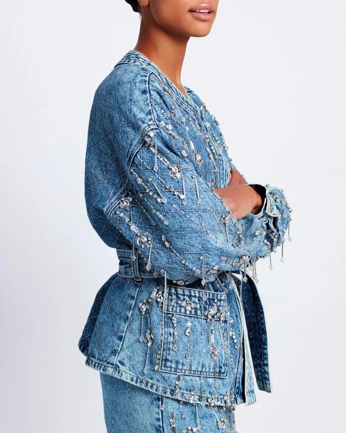 Women Matching Sets PatBO Rhinestone Beaded Jacket FINAL SALE Denim