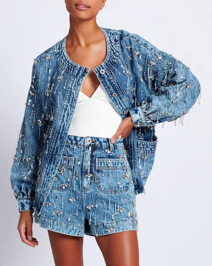 Women Matching Sets PatBO Rhinestone Beaded Jacket FINAL SALE Denim