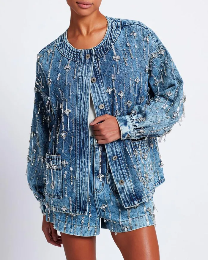 Women Matching Sets PatBO Rhinestone Beaded Jacket FINAL SALE Denim