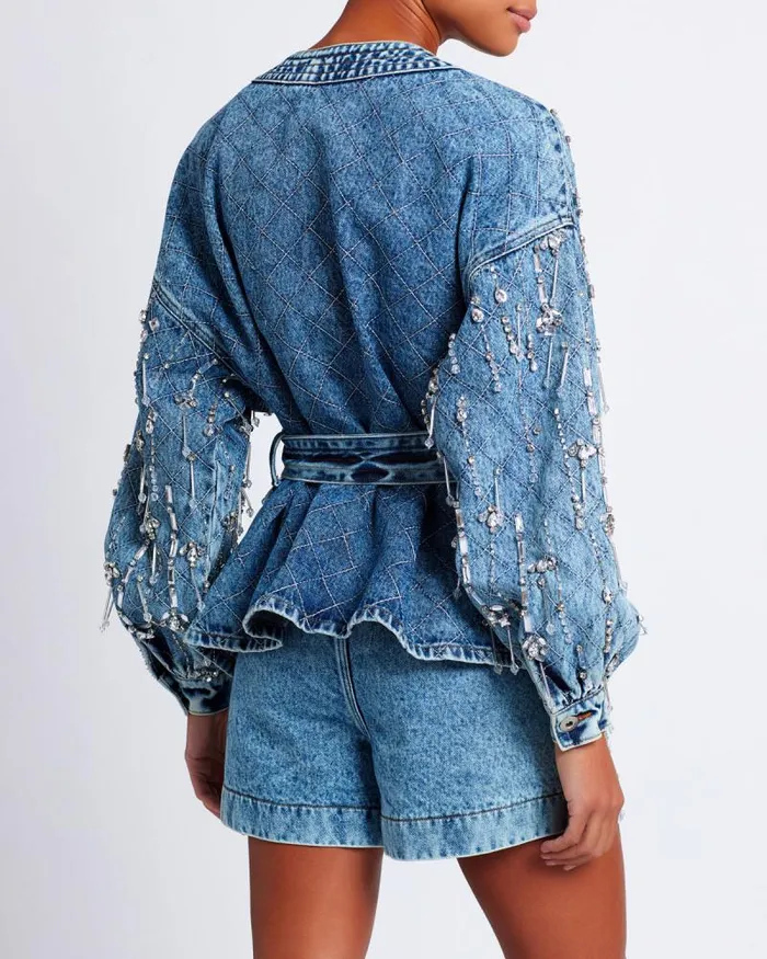 Women Matching Sets PatBO Rhinestone Beaded Jacket FINAL SALE Denim