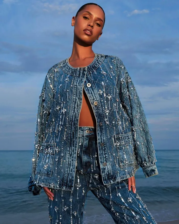 Women Matching Sets PatBO Rhinestone Beaded Jacket FINAL SALE Denim