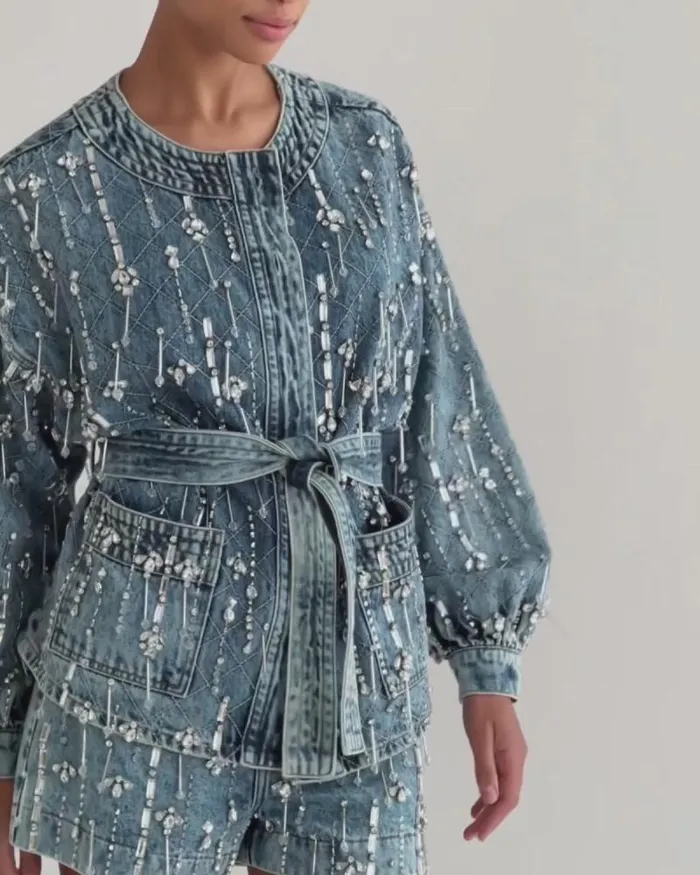 Women Matching Sets PatBO Rhinestone Beaded Jacket FINAL SALE Denim