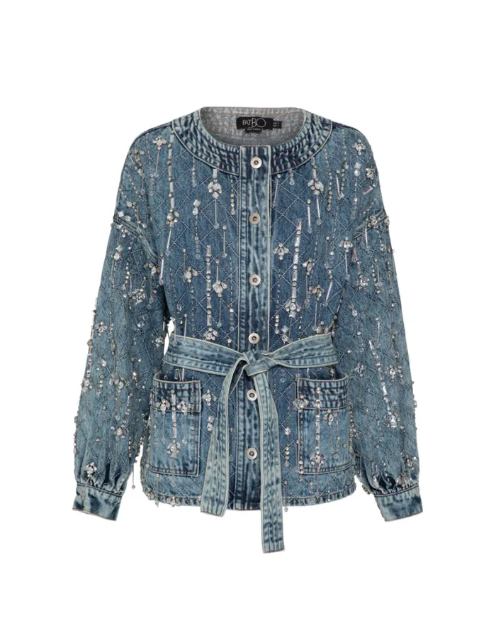 Women Matching Sets PatBO Rhinestone Beaded Jacket FINAL SALE Denim