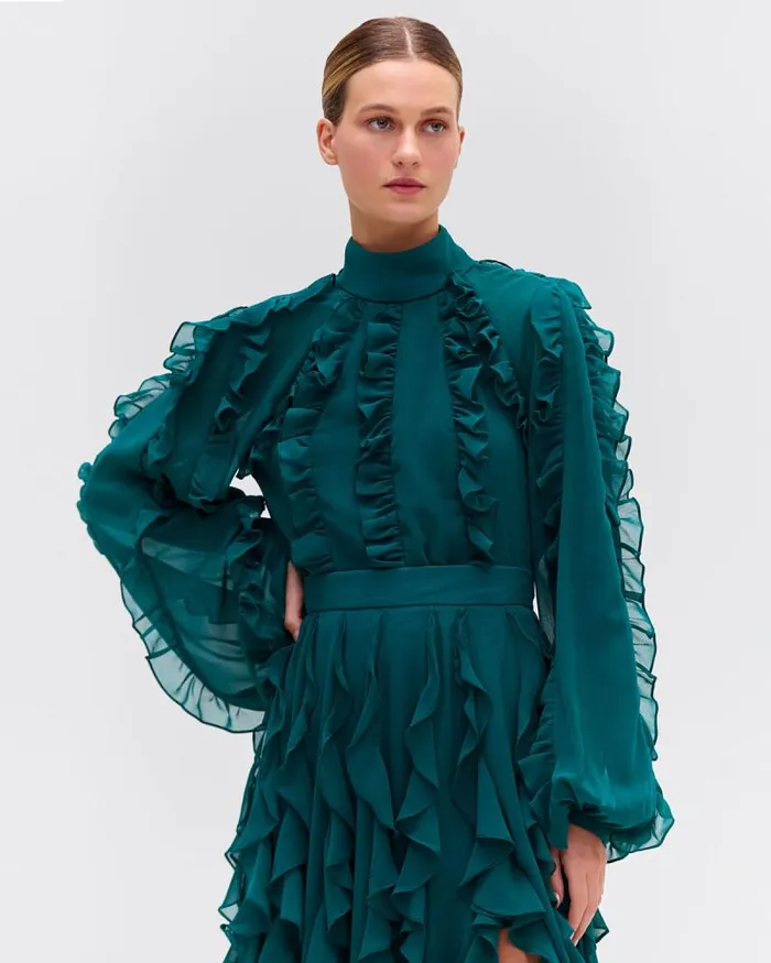 Women Matching Sets PatBO Ruffle High Neck Blouse FINAL SALE Galapagos