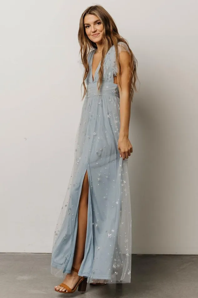 Women Nova Shimmer Maxi Dress Dusty Blue Silver Baltic Born Embellished and Sequined Women Nova Shimmer Maxi Dress Dusty Blue Silver Baltic Born Embellished and Sequined