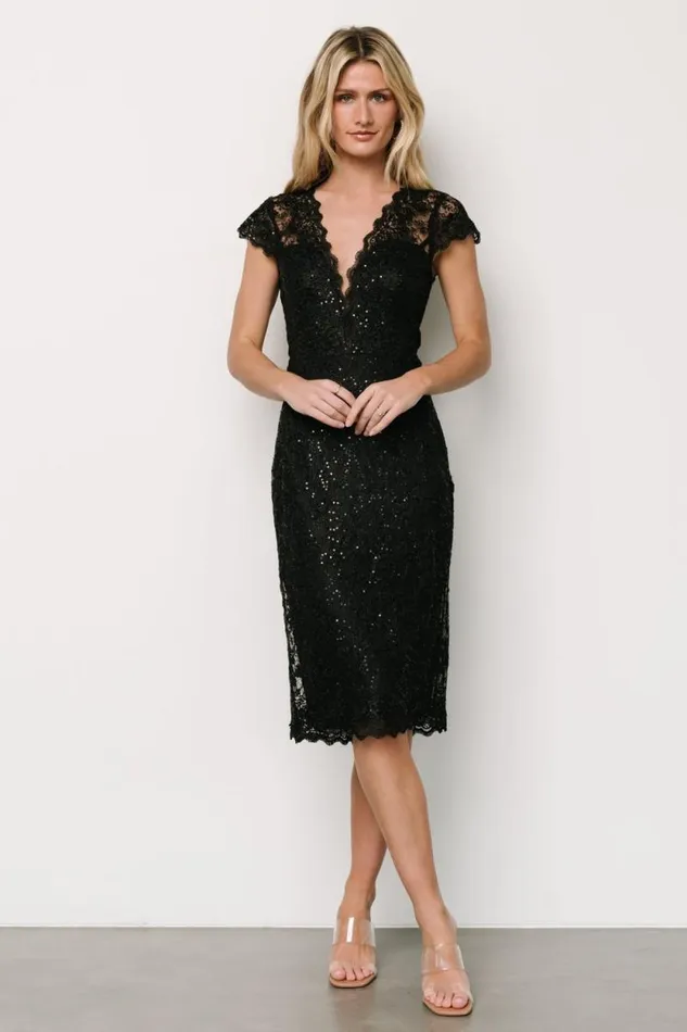 Women Oriana Embossed Shimmer Midi Dress Black Baltic Born Embellished and Sequined