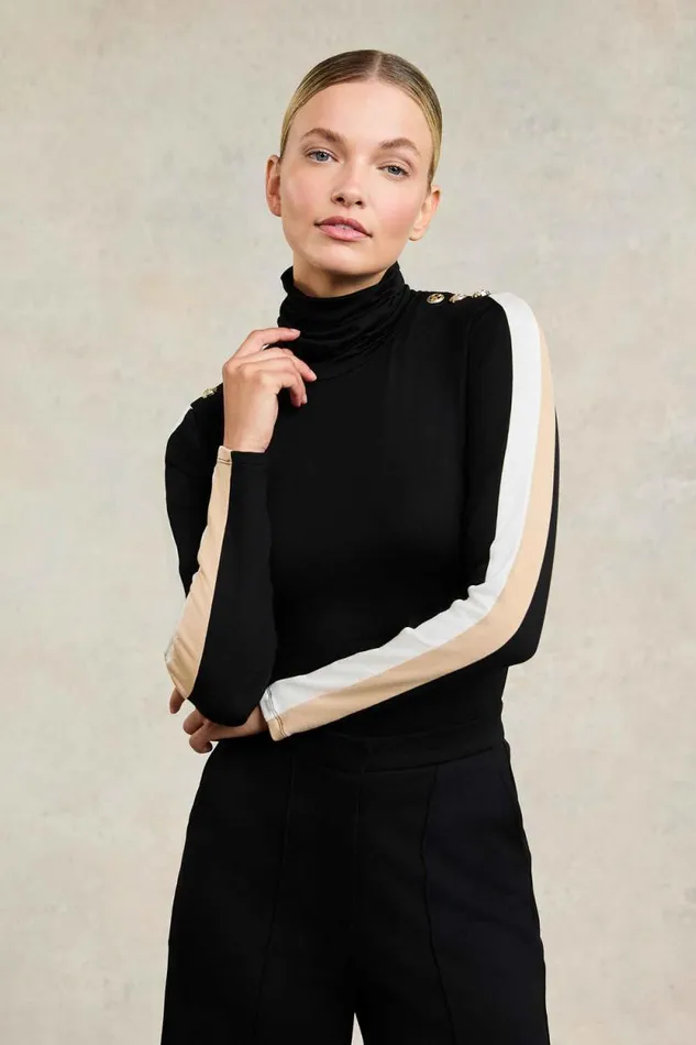 Women Panel Long Sleeve Roll Neck Black Camel Holland Cooper Tops