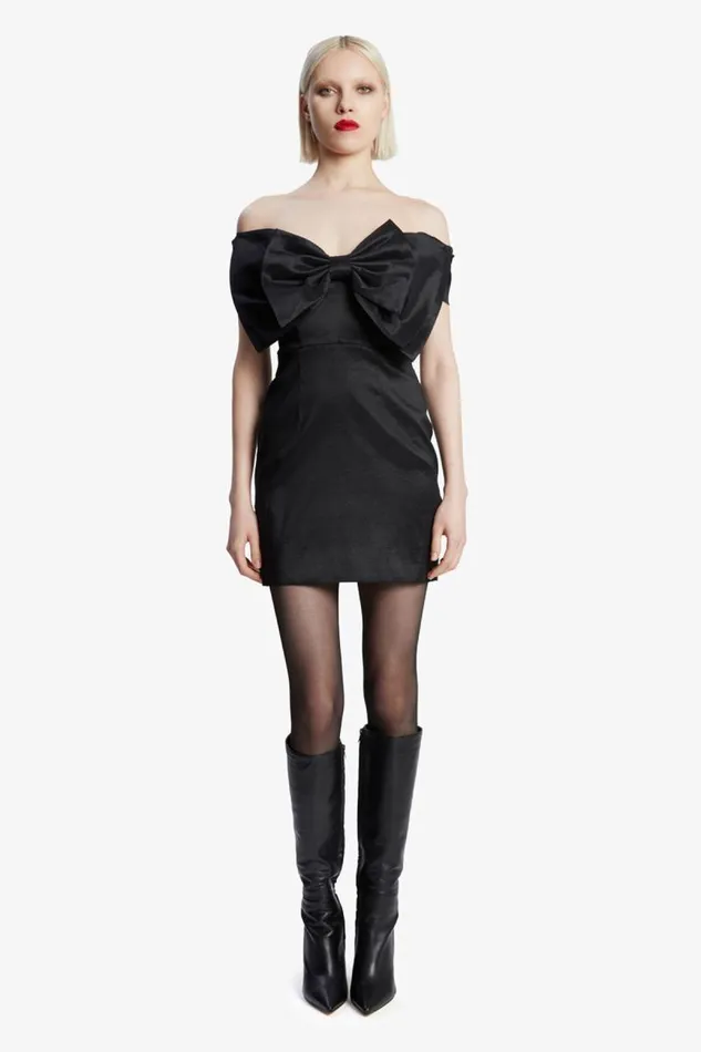 Women Party Dresses Bardot Mini Bow Dress In Black Black Women Party Dresses Bardot Mini Bow Dress In Black Black