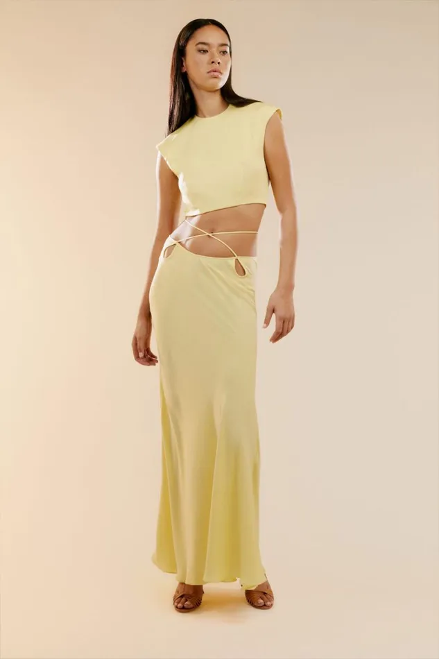 Women Party Tops Bardot Anya Satin Top In Canary Yellow Canary Yellow