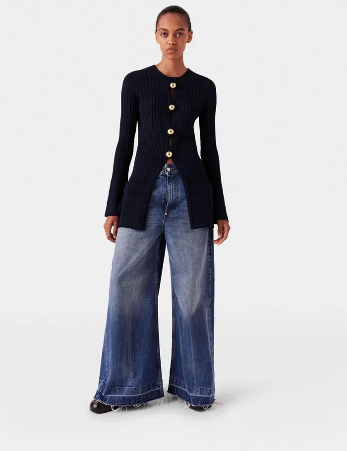 Women Ribbed Long Sleeve Cardigan Deep Navy Stella McCartney Knitwear Women Ribbed Long Sleeve Cardigan Deep Navy Stella McCartney Knitwear