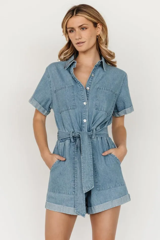Women Ronan Button Down Romper Denim Baltic Born Jumpsuits and Rompers Women Ronan Button Down Romper Denim Baltic Born Jumpsuits and Rompers