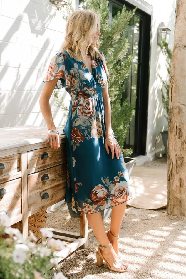 Women Sarah Smocked Midi Dress Blue Floral Baltic Born Midi Dresses Women Sarah Smocked Midi Dress Blue Floral Baltic Born Midi Dresses