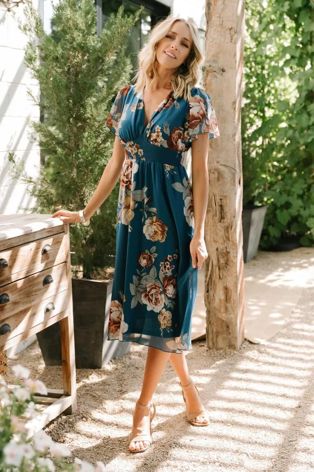 Women Sarah Smocked Midi Dress Blue Floral Baltic Born Midi Dresses Women Sarah Smocked Midi Dress Blue Floral Baltic Born Midi Dresses