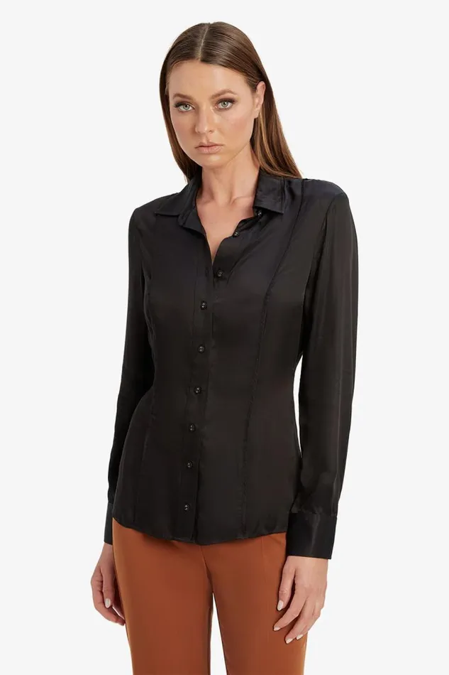 Women Shirts and Blouses Bardot Fitted Satin Shirt In Black Black Women Shirts and Blouses Bardot Fitted Satin Shirt In Black Black