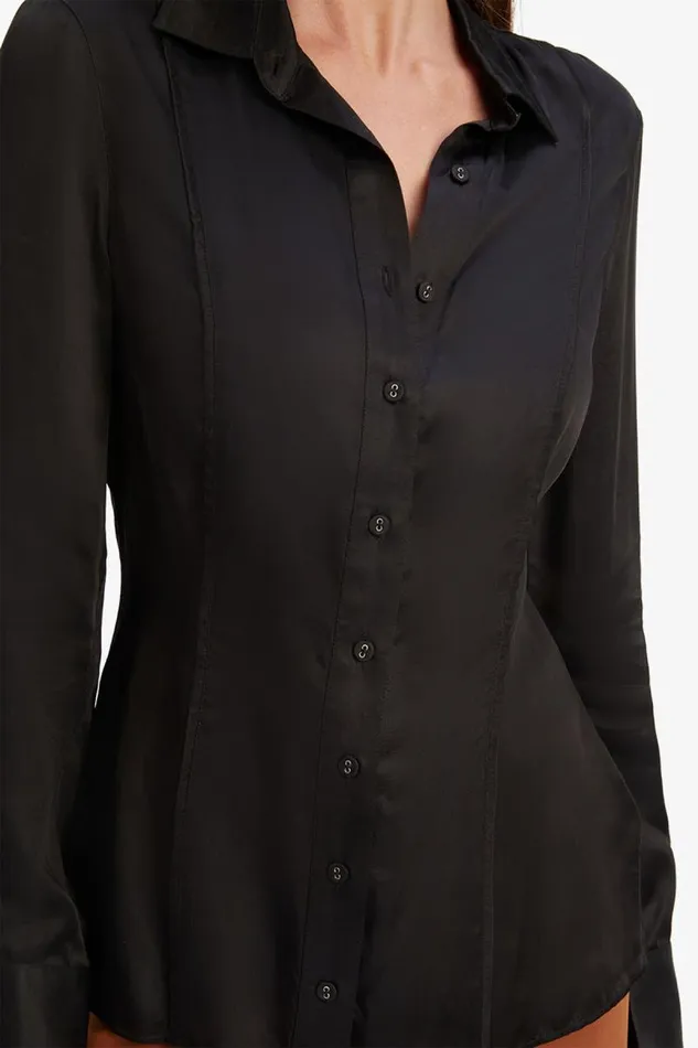 Women Shirts and Blouses Bardot Fitted Satin Shirt In Black Black Women Shirts and Blouses Bardot Fitted Satin Shirt In Black Black