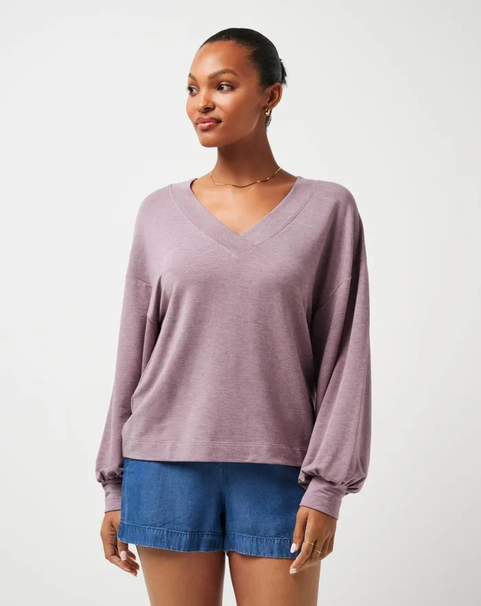 Women Shirts and Tops TravisMathew CLOUD TERRY VNECK TOP Heather Moonscape