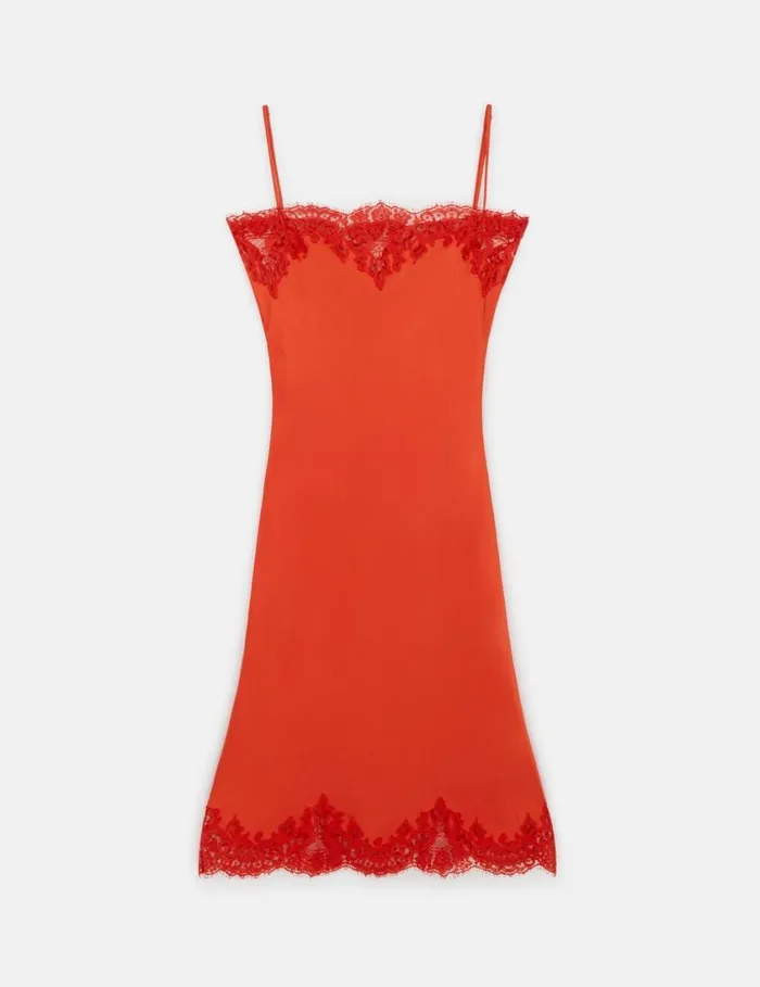Women Sleeveless Lace Satin Midi Dress Scarlet Red Stella McCartney Dresses