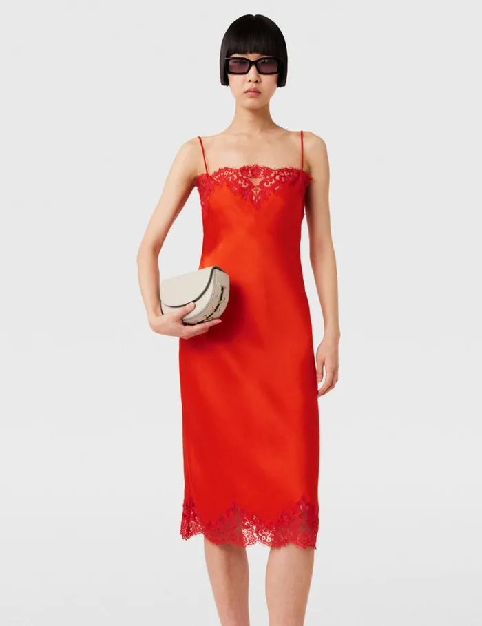 Women Sleeveless Lace Satin Midi Dress Scarlet Red Stella McCartney Dresses Women Sleeveless Lace Satin Midi Dress Scarlet Red Stella McCartney Dresses