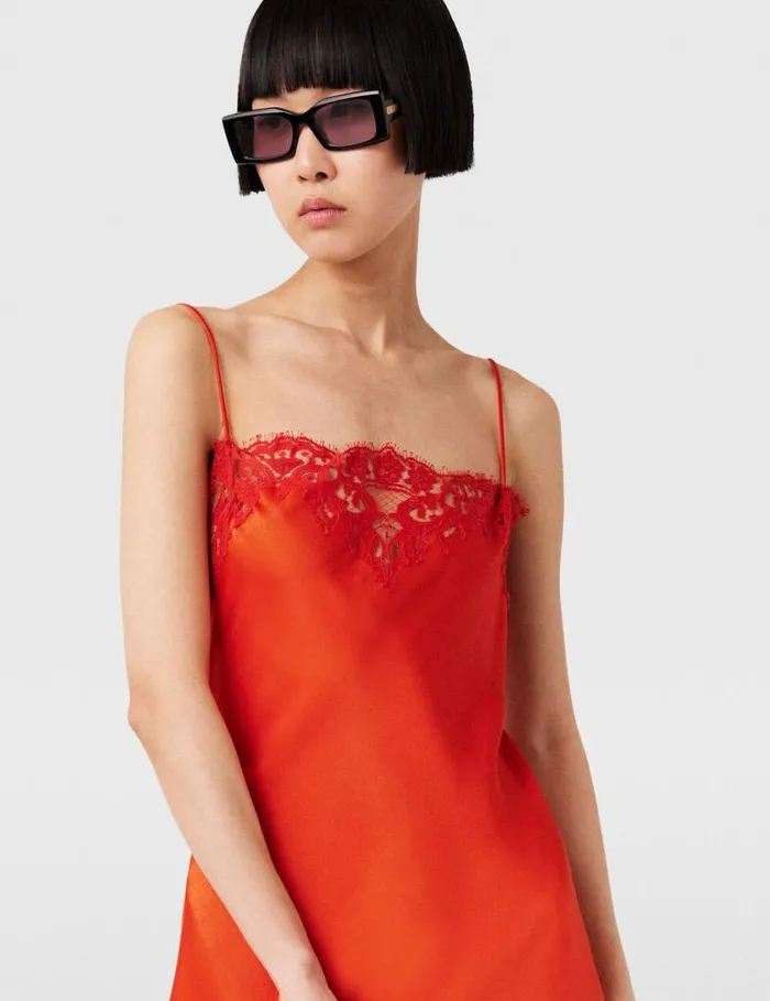 Women Sleeveless Lace Satin Midi Dress Scarlet Red Stella McCartney Dresses Women Sleeveless Lace Satin Midi Dress Scarlet Red Stella McCartney Dresses