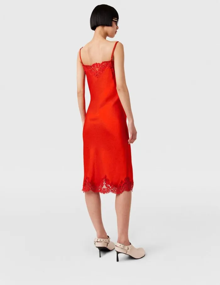 Women Sleeveless Lace Satin Midi Dress Scarlet Red Stella McCartney Dresses Women Sleeveless Lace Satin Midi Dress Scarlet Red Stella McCartney Dresses