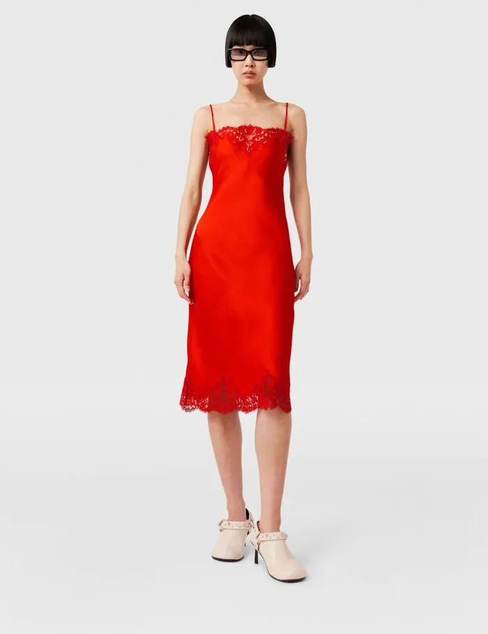 Women Sleeveless Lace Satin Midi Dress Scarlet Red Stella McCartney Dresses Women Sleeveless Lace Satin Midi Dress Scarlet Red Stella McCartney Dresses