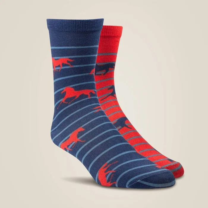 Women Socks Ariat Horses Over Stripes Crew Sock 2 Pair Multi Color Pack Redandnavy