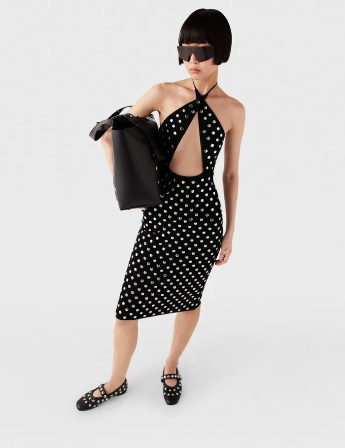 Women Studded Halterneck Midi Dress Black And Sliver Stella McCartney Dresses