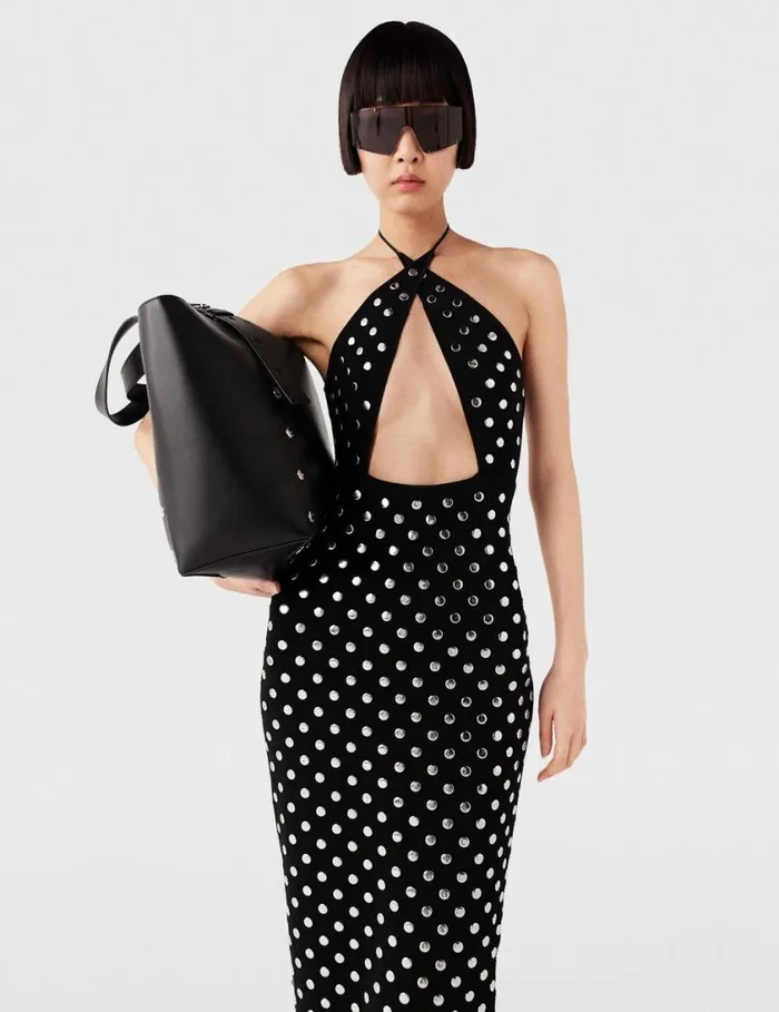 Women Studded Halterneck Midi Dress Black And Sliver Stella McCartney Dresses