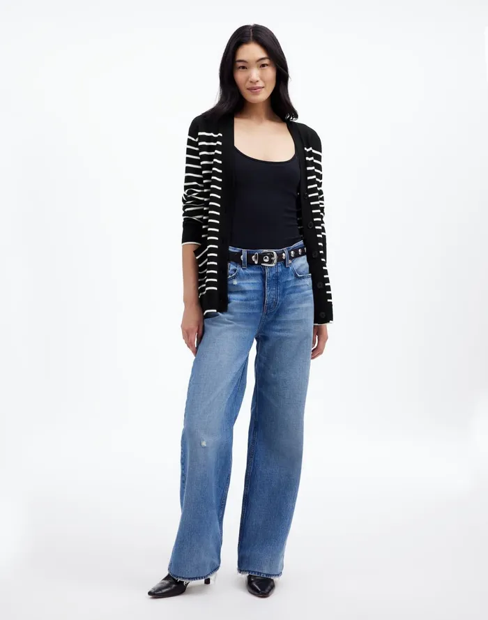 Women Sweaters Madewell Merino Wool Boyfriend Cardigan True Black Stripe