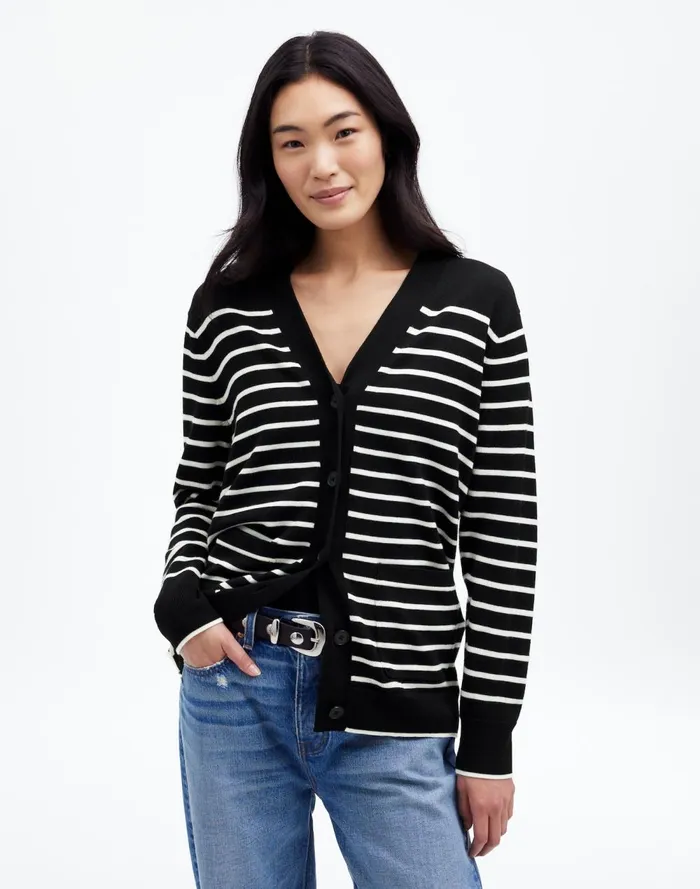 Women Sweaters Madewell Merino Wool Boyfriend Cardigan True Black Stripe