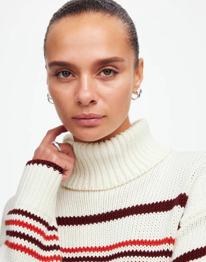 Women Sweaters Madewell Ribbed Cotton Turtleneck Sweater In Stripe Cabernet Stripe