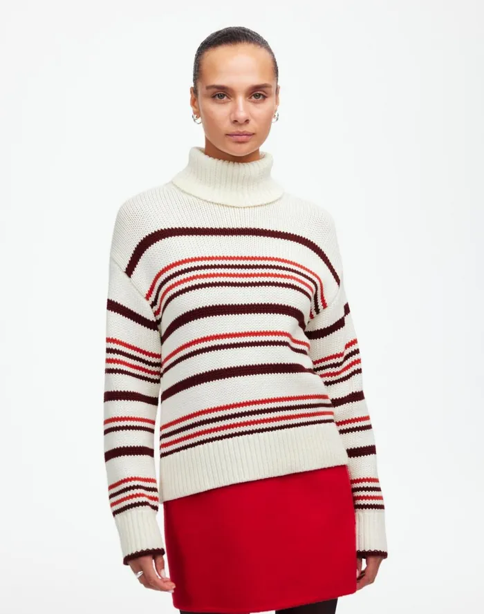 Women Sweaters Madewell Ribbed Cotton Turtleneck Sweater In Stripe Cabernet Stripe