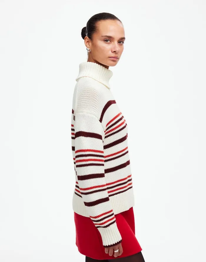 Women Sweaters Madewell Ribbed Cotton Turtleneck Sweater In Stripe Cabernet Stripe